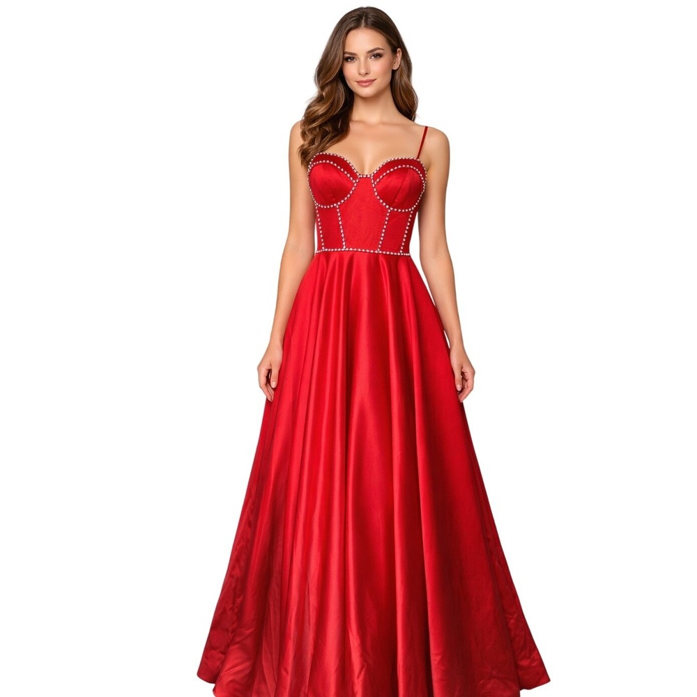 Y2K Corset Bustier Red Satin Full Maxi Dress Size‎ 6 A-Line Rhinestone Sexy Gala
